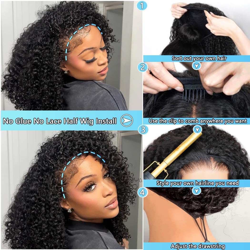 QUANDIAN Peluca media kinky-curly 3 en 1 tira ajustable para ajuste cómodo.