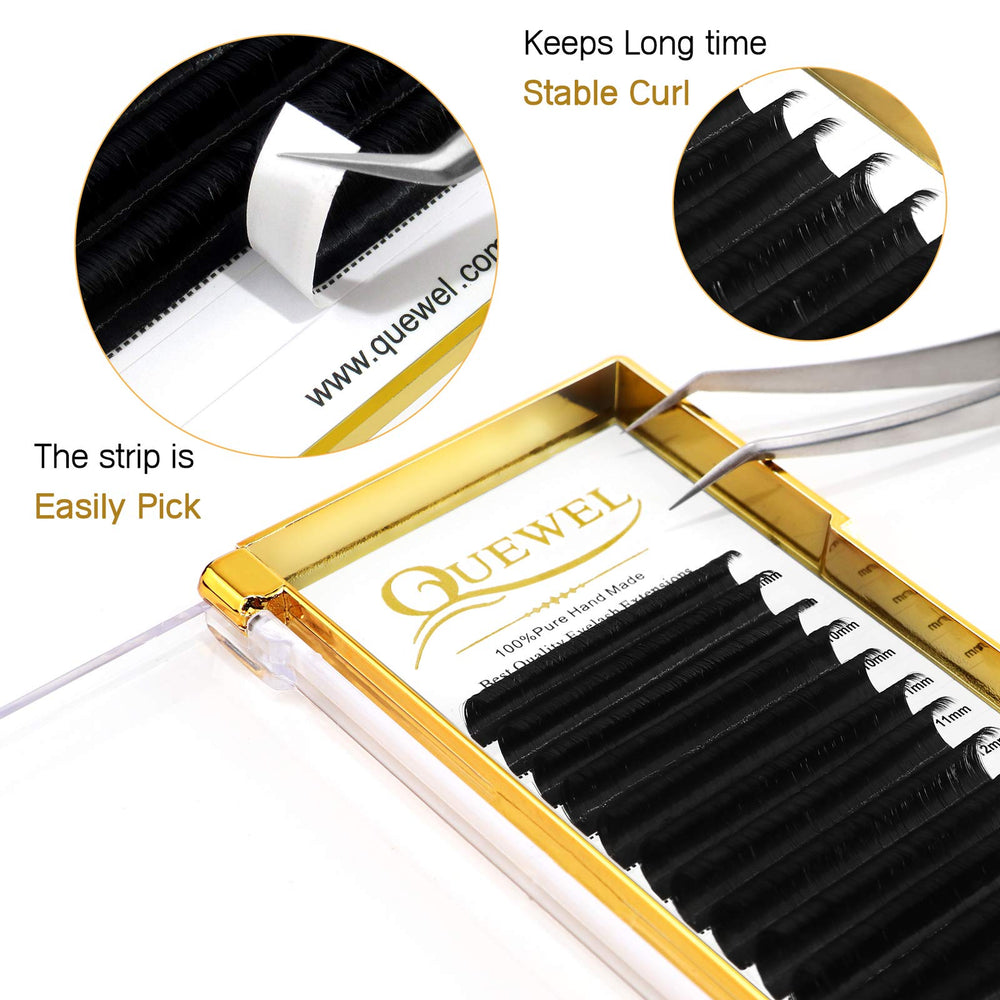 QUEWEL extensiones de pestañas con abanico 0,07 mm, D curl y mezcla 8-15mm.