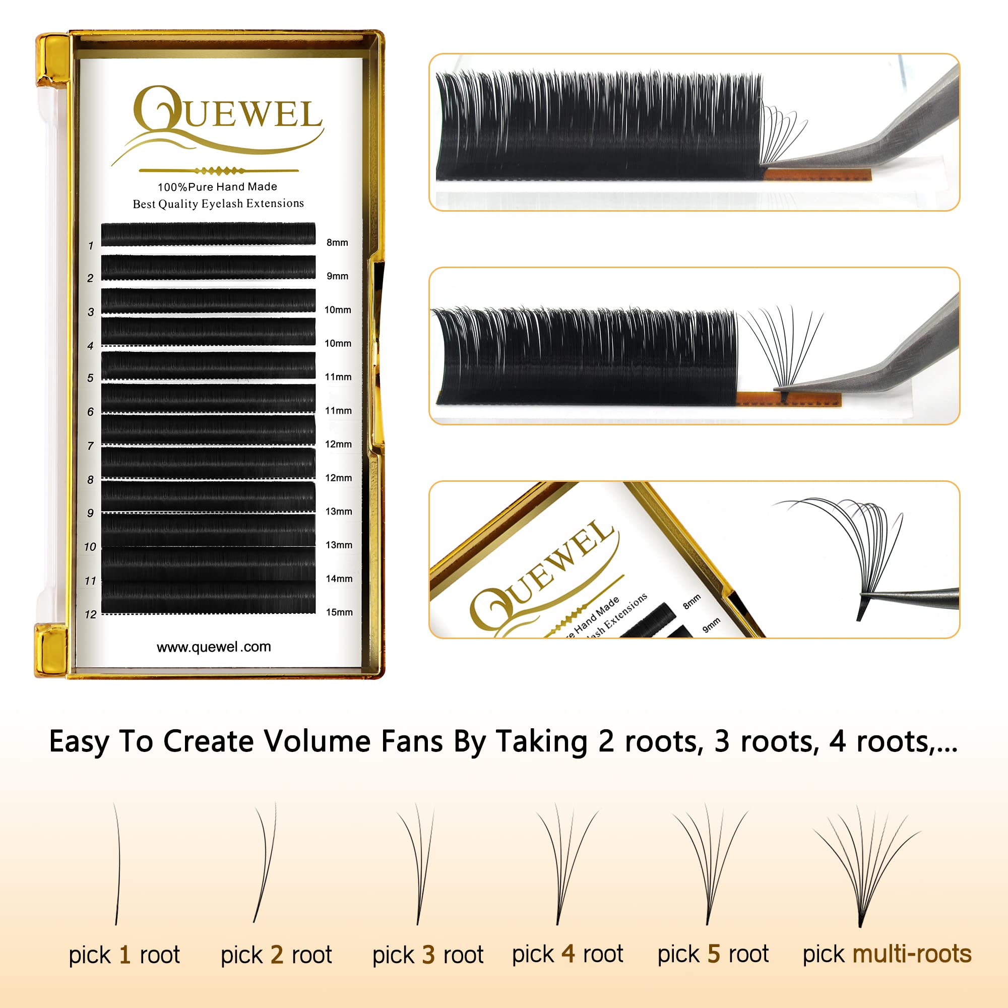 QUEWEL extensiones de pestañas con abanico, curvatura estable C, D, CC y DD.