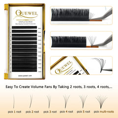 QUEWEL extensiones de pestañas con abanico, curvatura estable C, D, CC y DD.