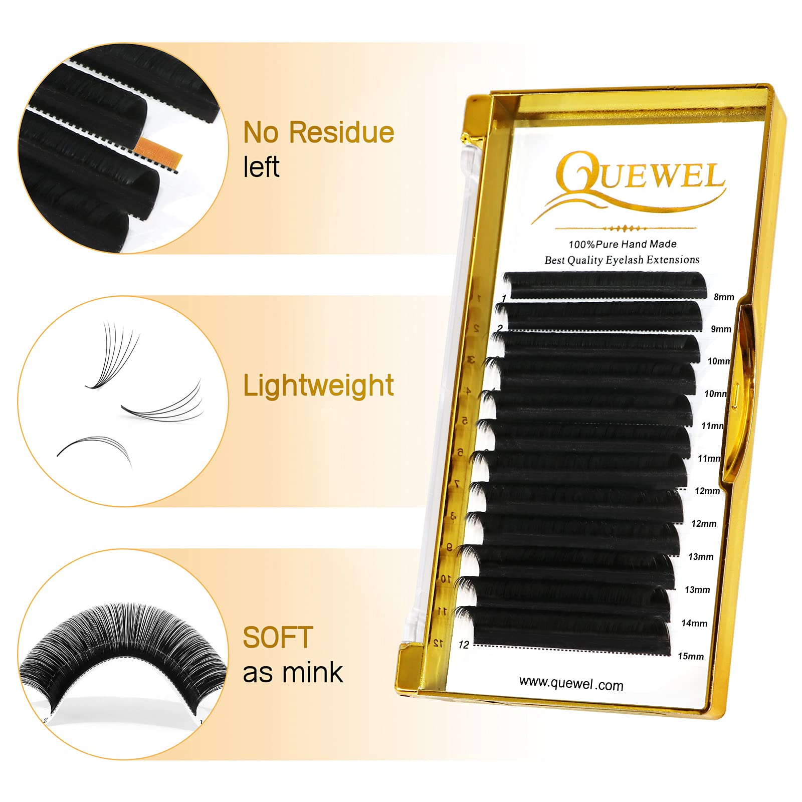 QUEWEL extensiones de pestañas con abanico: material PBT de Corea.