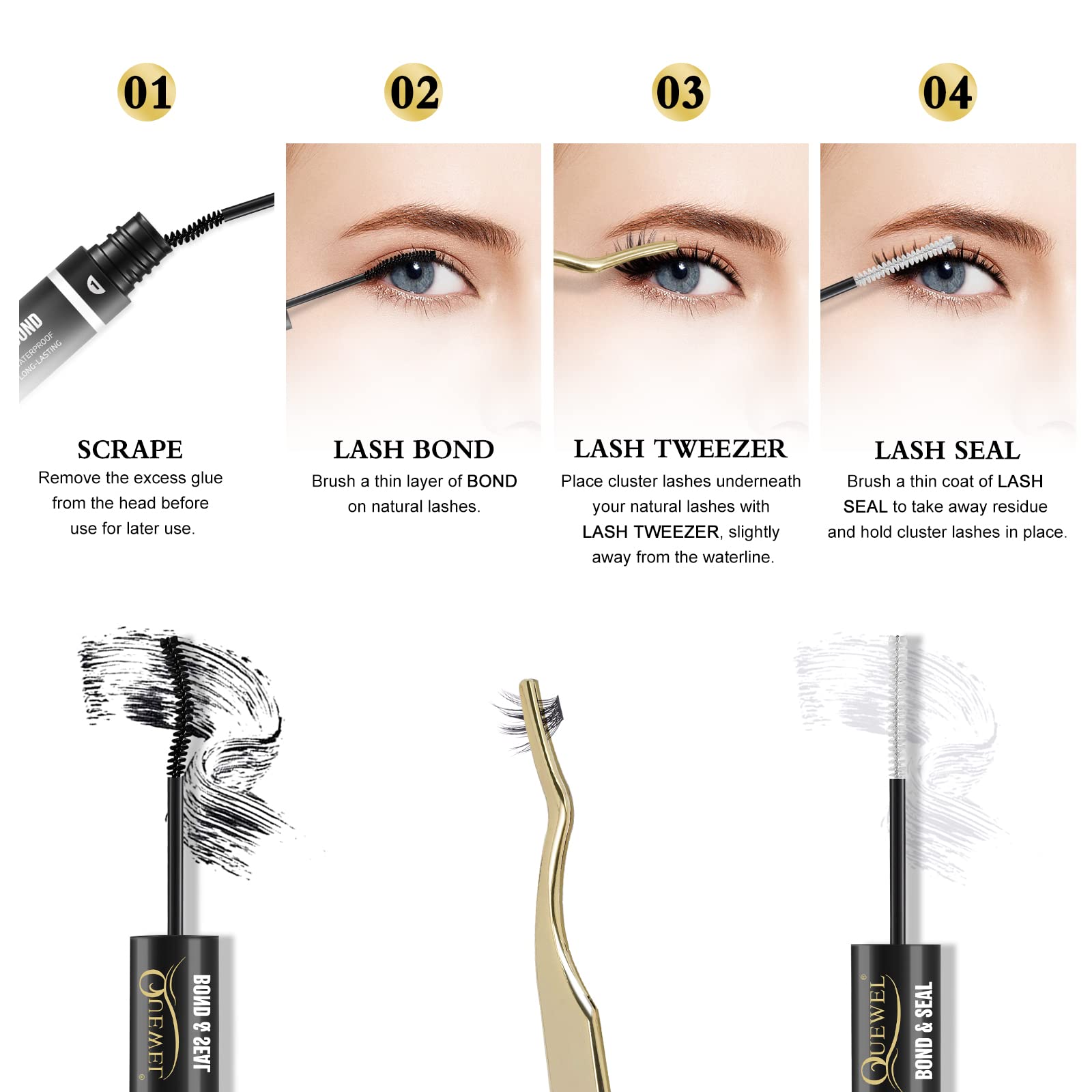 QUEWEL Lash Clusters sistema 2 en 1 de pegamento y sellador.