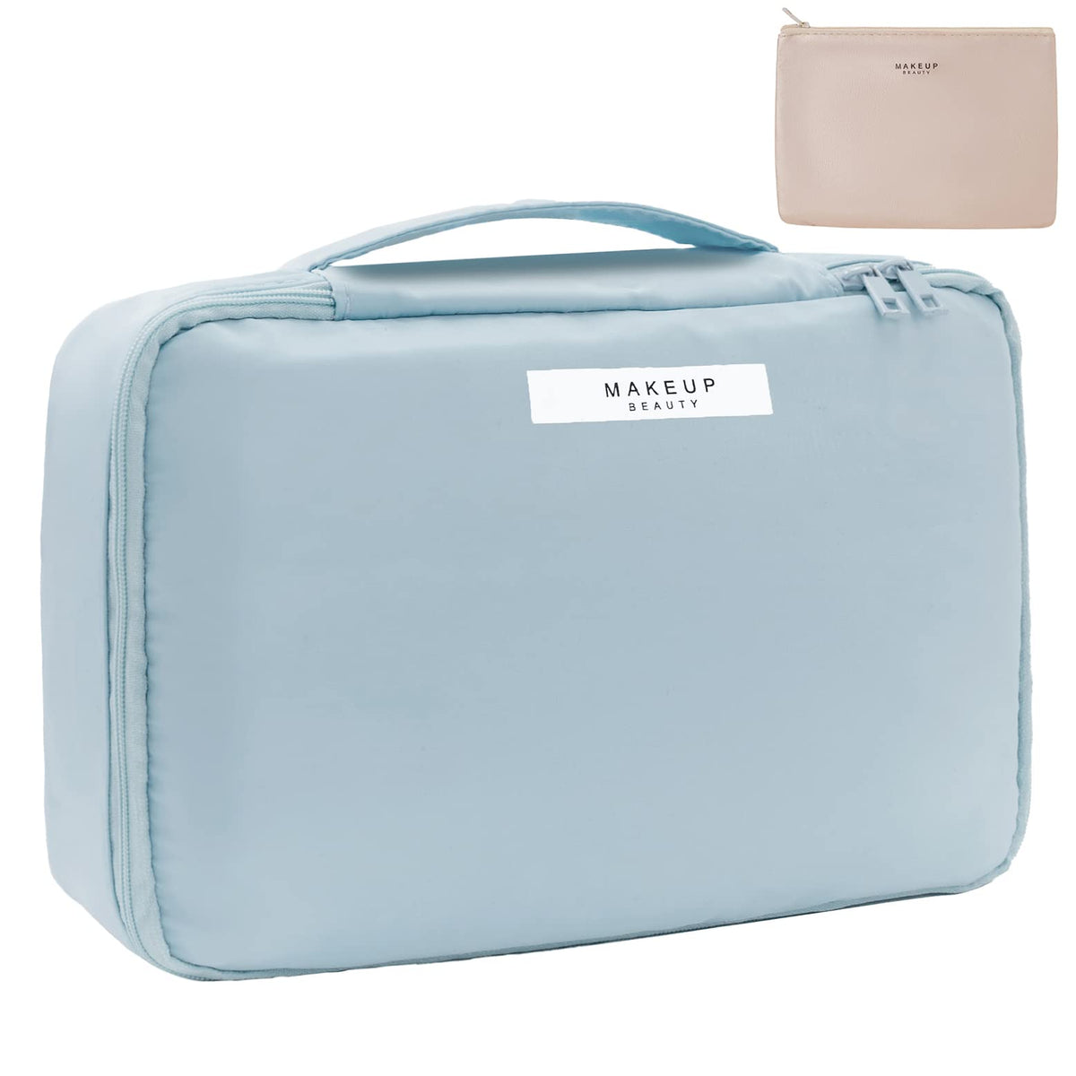 Queboom bolsa de maquillaje para viaje en azul, gran capacidad para cosméticos.