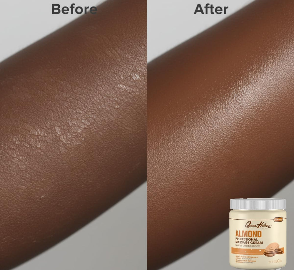 Aplicación suave de Queen Helene crema de masaje almendra para relajar músculos.