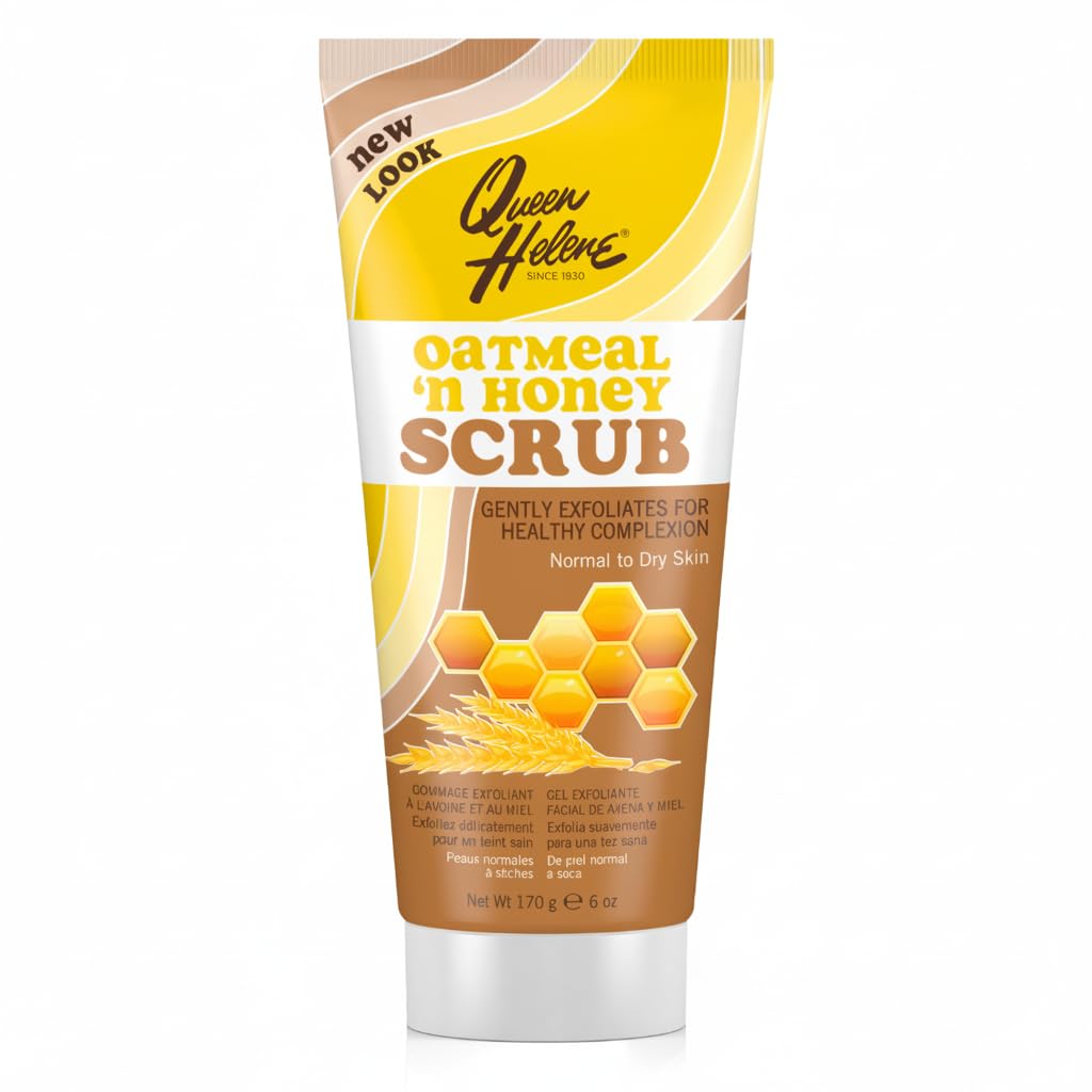 Queen Helene exfoliante suave de avena y miel, frente del tarro, suaviza piel sensible.