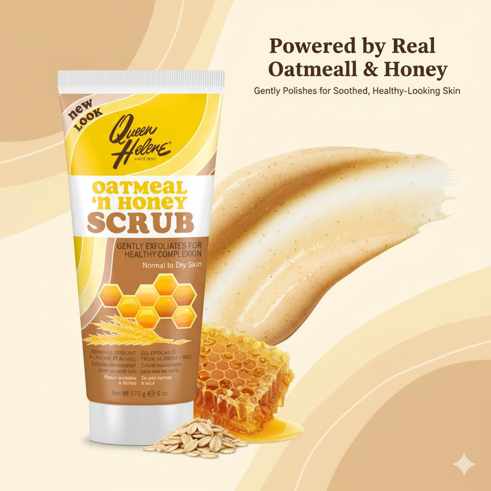Queen Helene exfoliante suave de avena y miel, textura cercana para ver la suavidad.