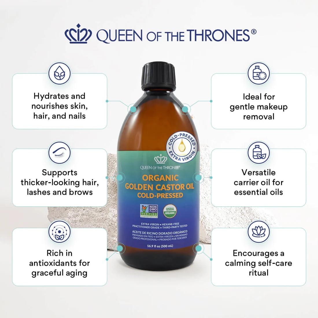 QUEEN OF THE THRONES aceite de ricino dorado frasco de vidrio ámbar visible.