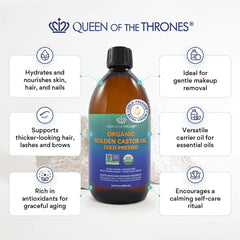 QUEEN OF THE THRONES aceite de ricino dorado frasco de vidrio ámbar visible.