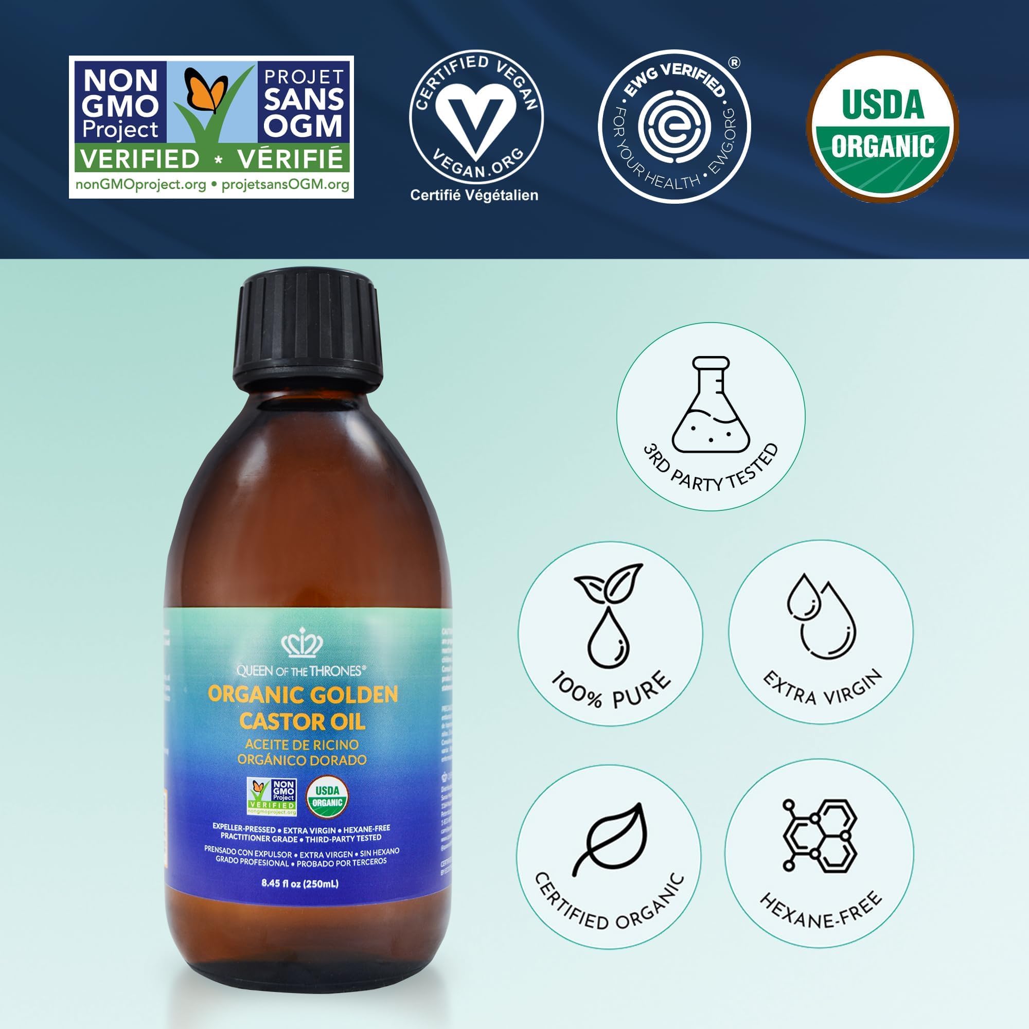 QUEEN OF THE THRONES Organic Golden Castor Oil for skin supports hydration.