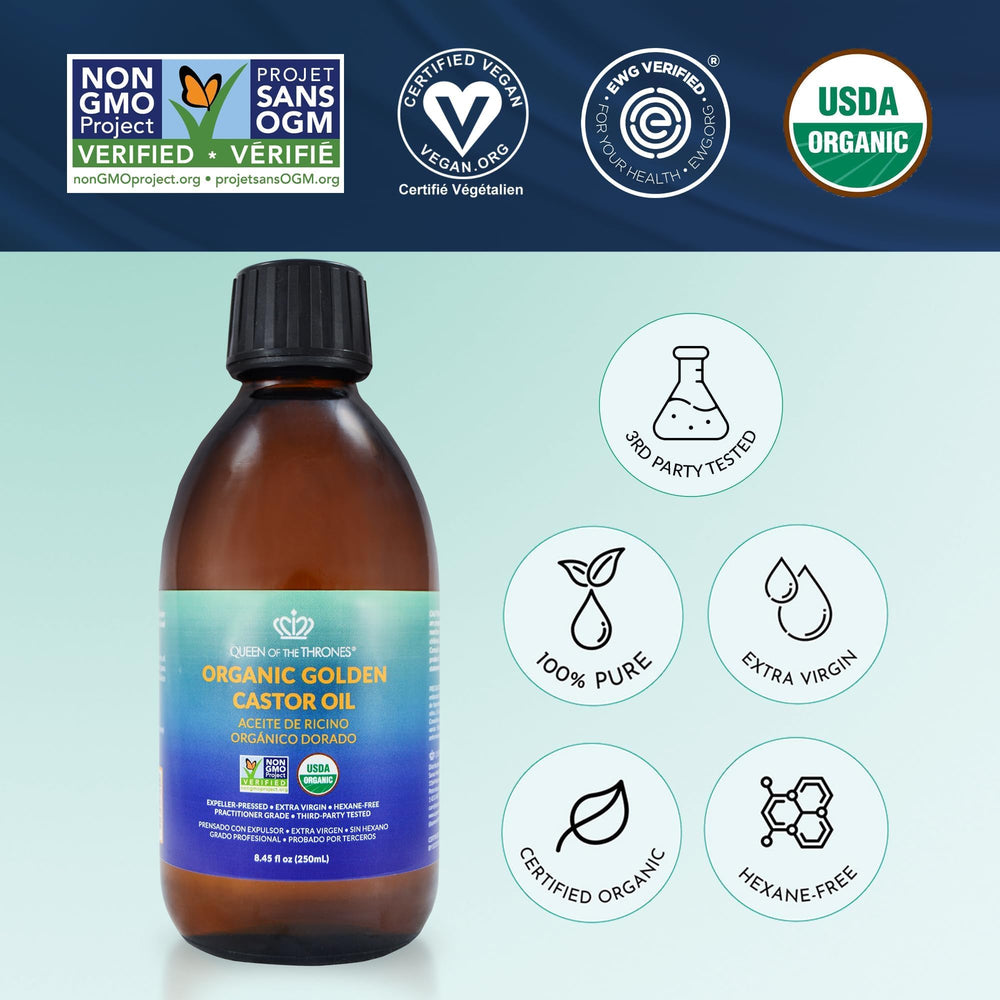 QUEEN OF THE THRONES Organic Golden Castor Oil for skin supports hydration.