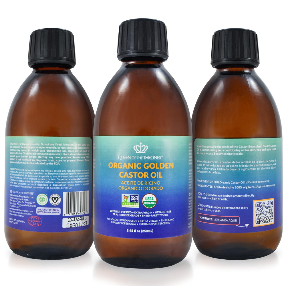 QUEEN OF THE THRONES Organic Golden Castor Oil packaging highlights sustainability.