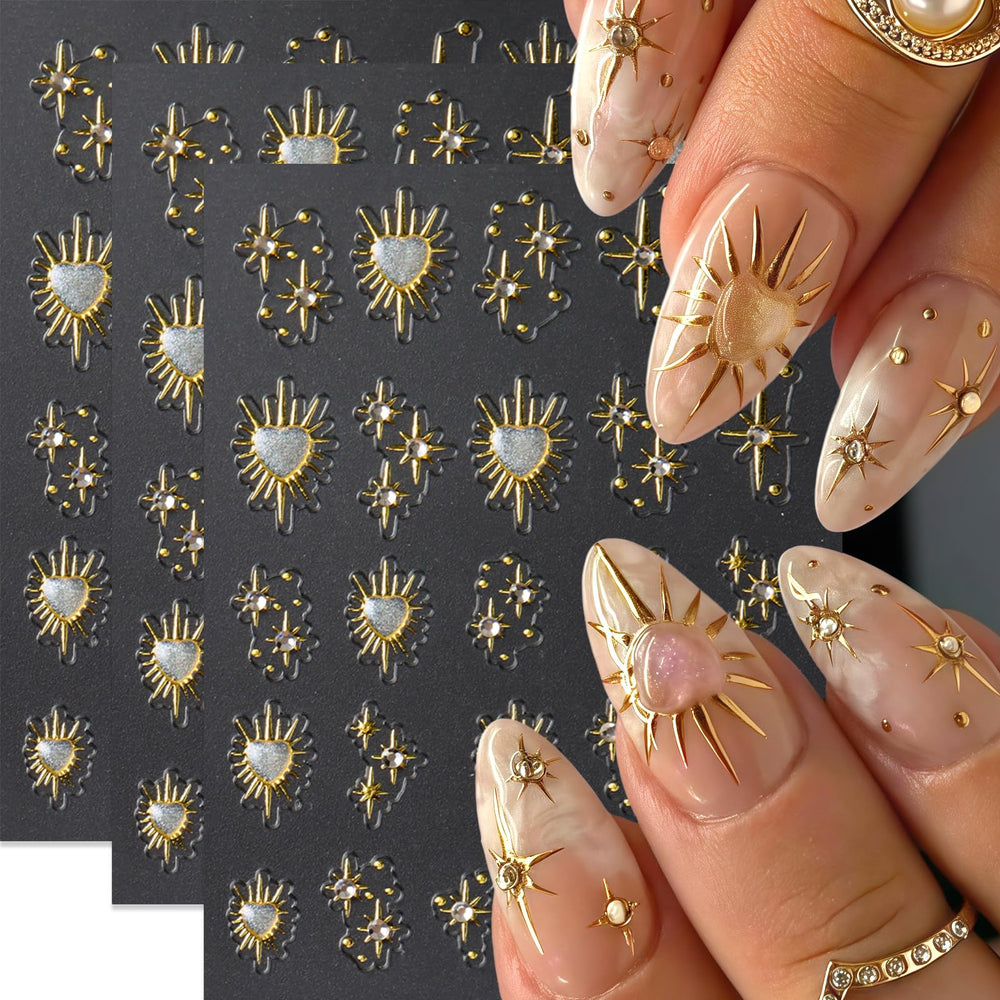 Quezadyl estrellas doradas para uñas, acabado 5D para decoraciones brillantes.