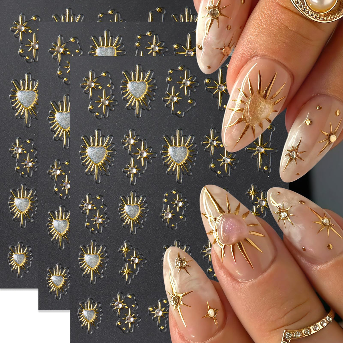 Quezadyl estrellas doradas para uñas, acabado 5D para decoraciones brillantes.