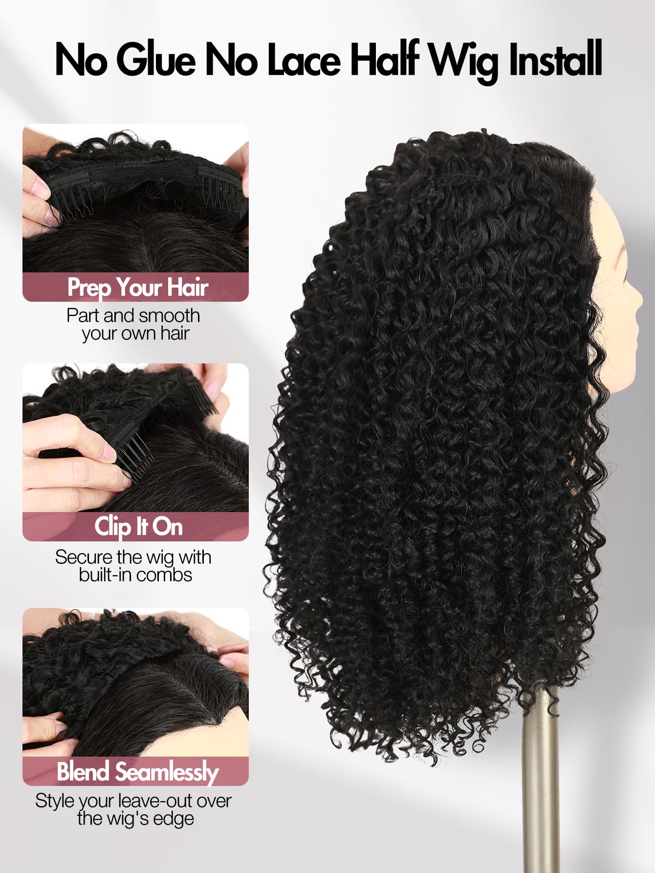 Quickwig Curly Half Wig Kinky Texture 16in mimics natural curls beautifully.