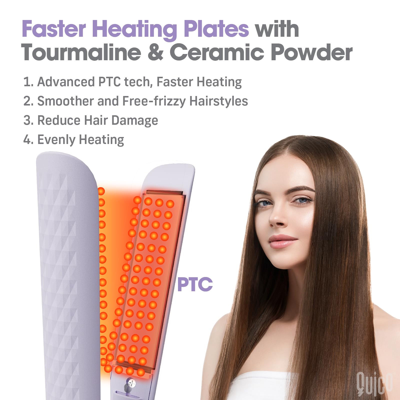 QUICO voltaje global 110–240V facilita uso internacional con adaptador.