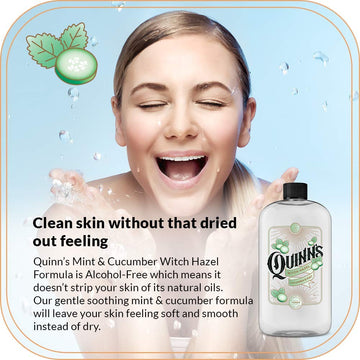 Quinn's hamamelis sin alcohol, etiqueta visible con ingredientes naturales.