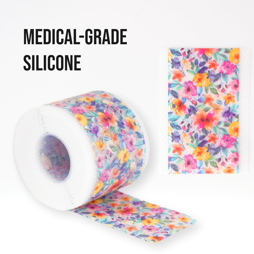 Quitch silicone scar sheets on skin, breathable and conforming for comfort.