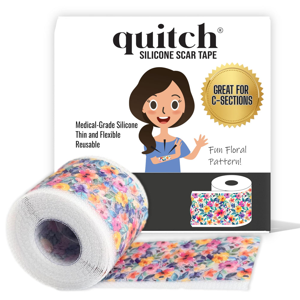 Quitch silicone scar sheets on a C-section scar for gentle support.