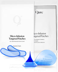 Parche Qure micro-infusión aplicado en ojos para suavizar arrugas durante la noche.