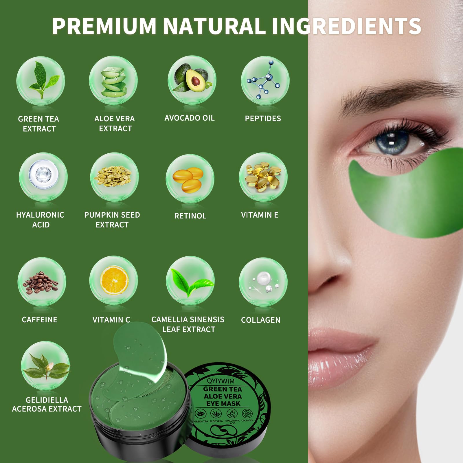 Parches Qyiywim para ojos con té verde y aloe: ingredientes naturales que cuidan la piel.