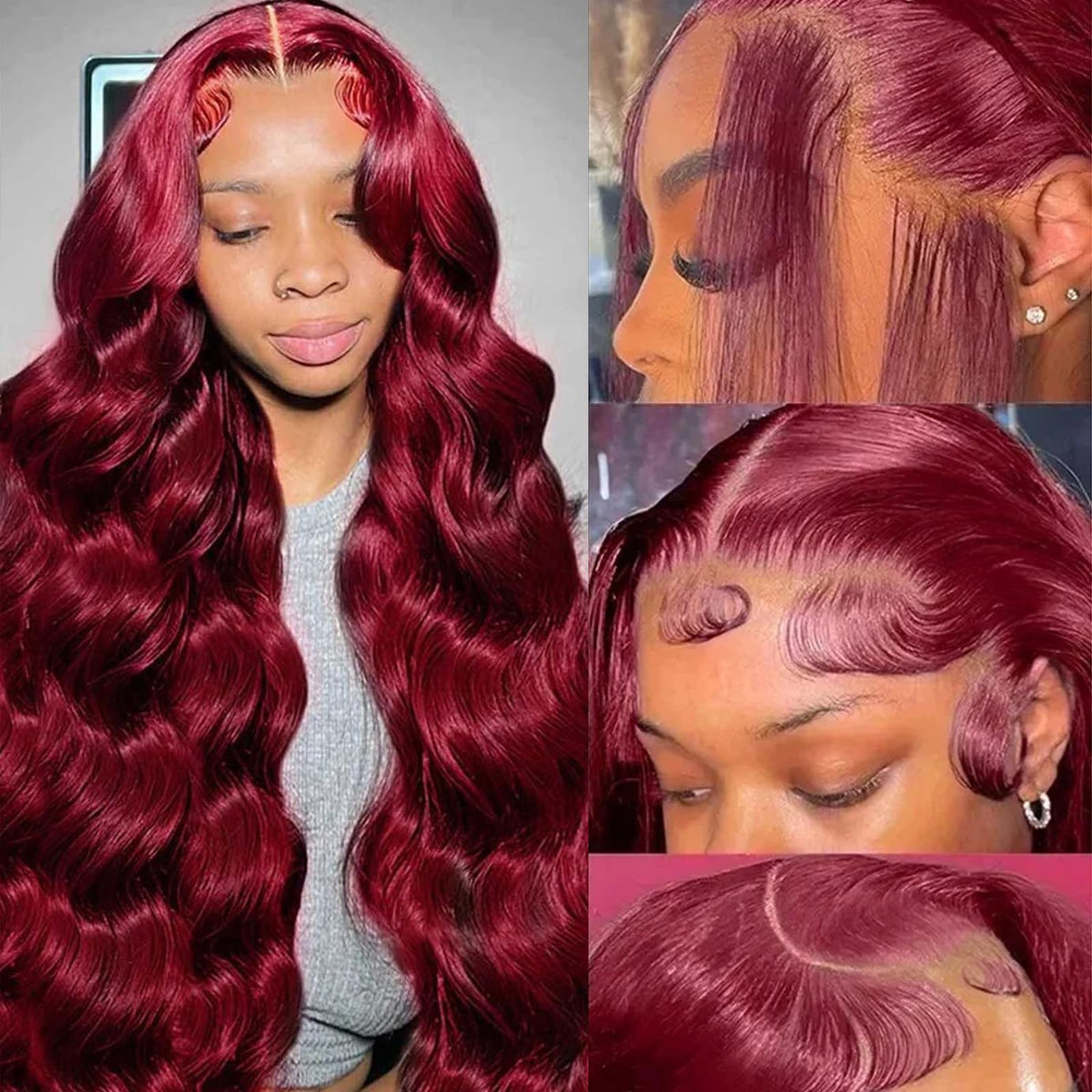 QZOQZO peluca burgundy con encaje frontal 13x6 para look natural.