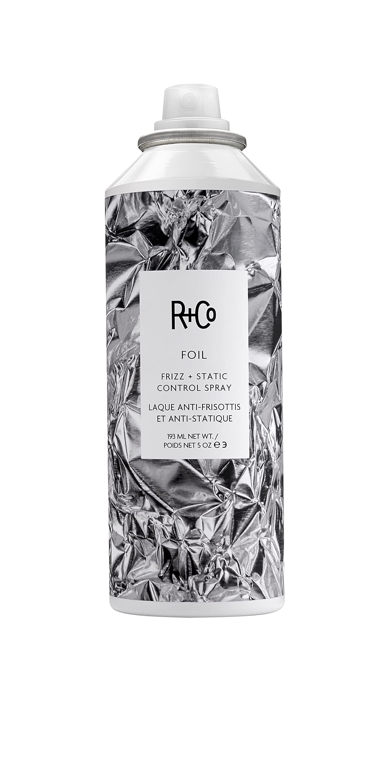R+Co Foil Frizz + Static Spray en botella para control duradero del frizz.