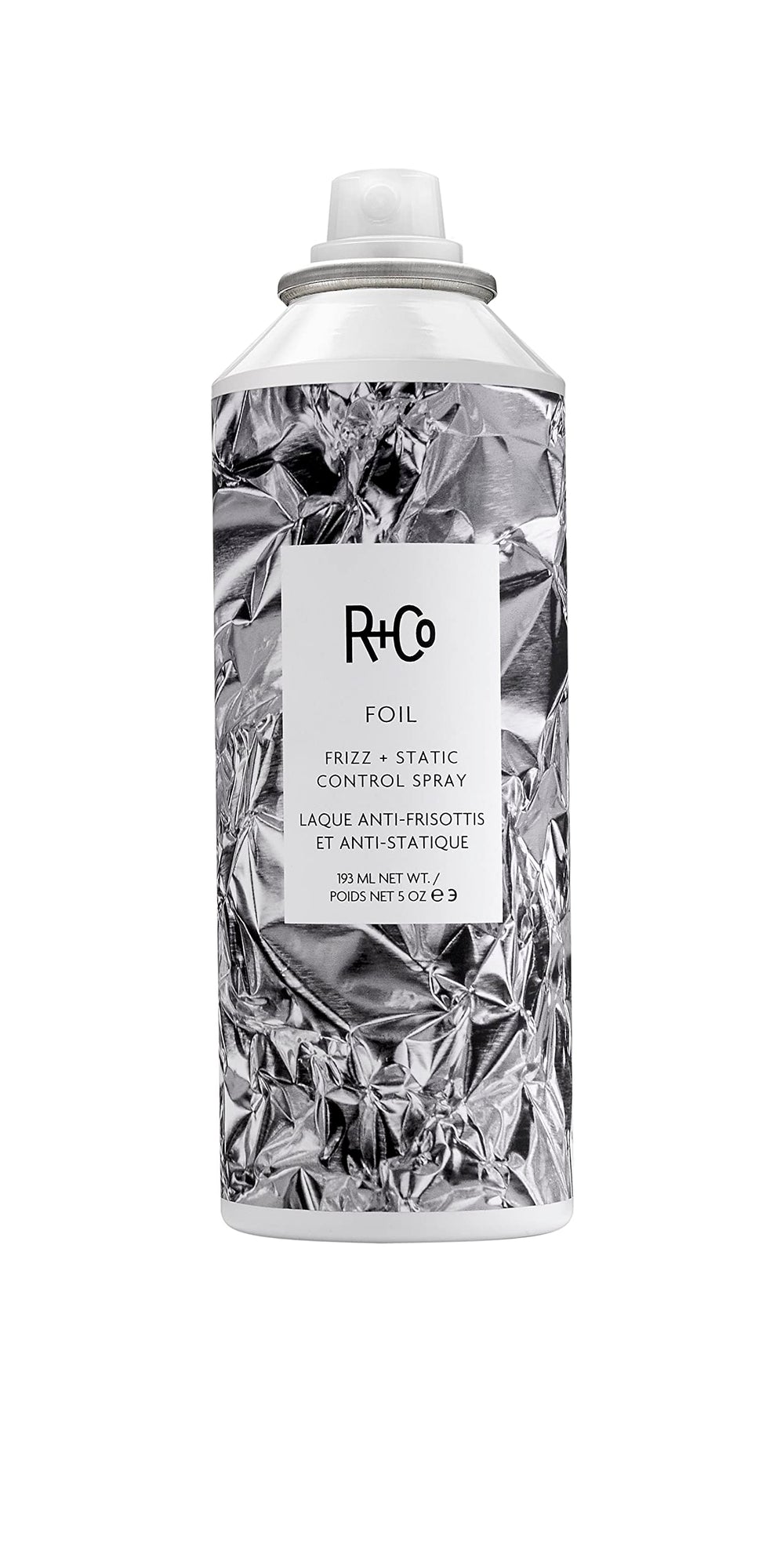 R+Co Foil Frizz + Static Spray en botella para control duradero del frizz.