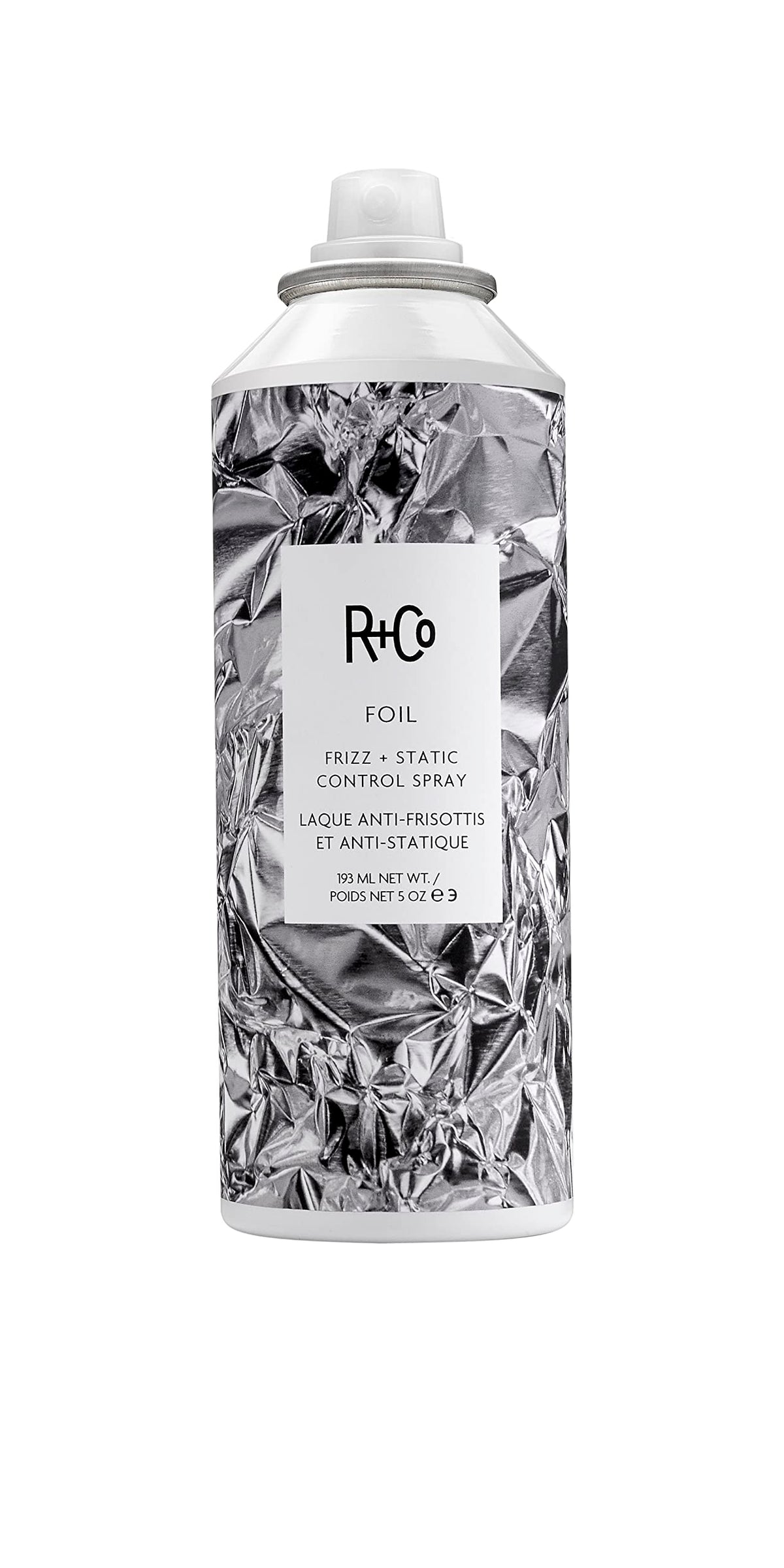 R+Co Foil Frizz + Static Spray en botella para control duradero del frizz.