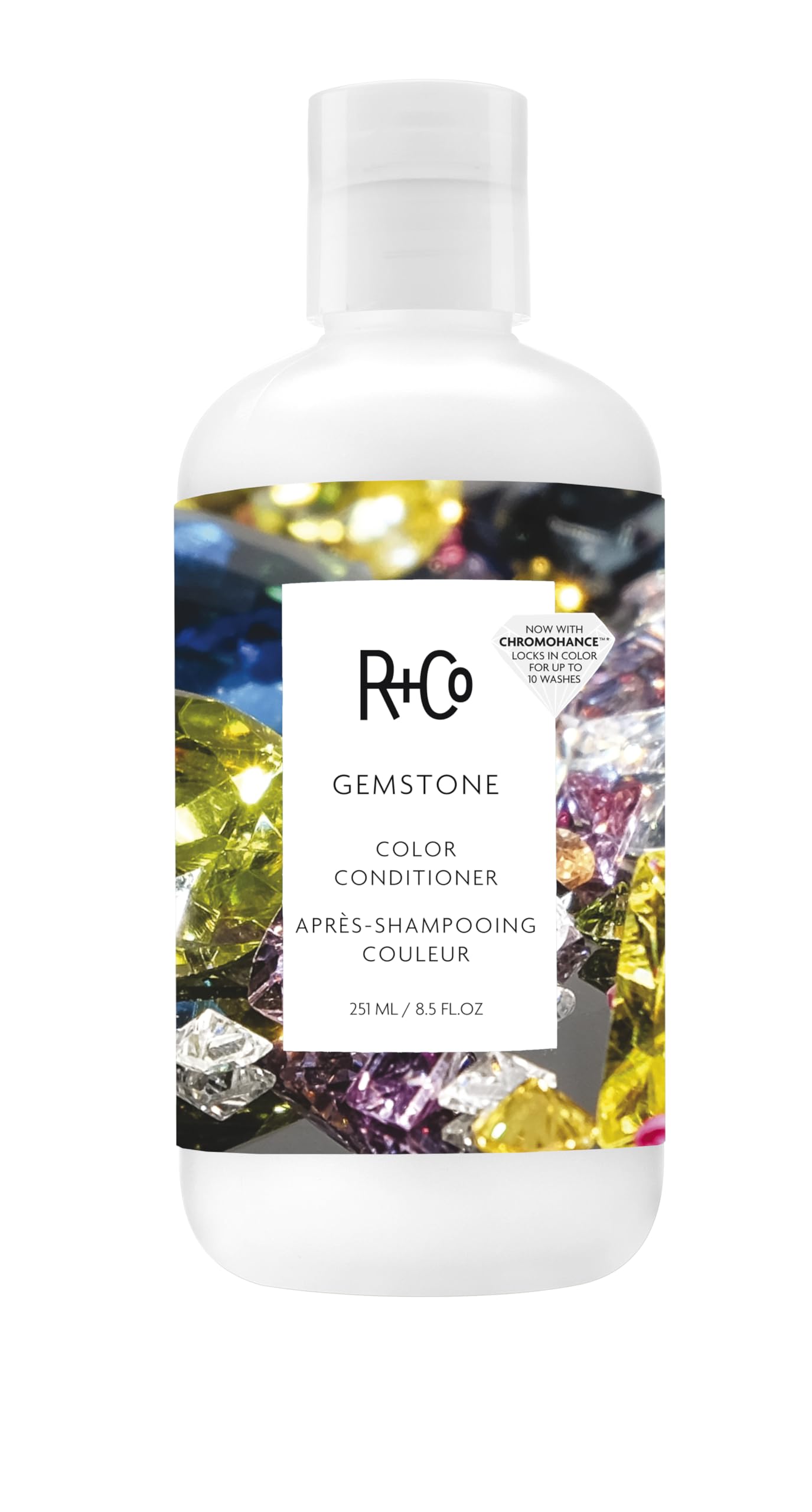 R+Co Gemstone Color Conditioner, botella vertida, ayuda a sellar color y brillo.