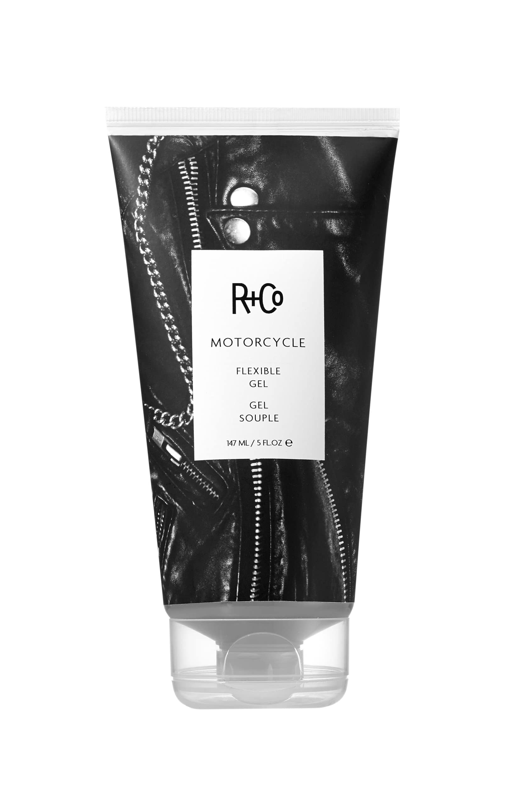 R+Co Motorcycle Gel, bouteille visible, contrôle flexible et brillance naturelle.
