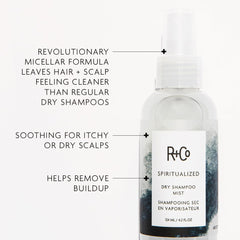 R+Co Spiritualized Dry Shampoo Mist: aplicación en raíces para limpieza rápida.