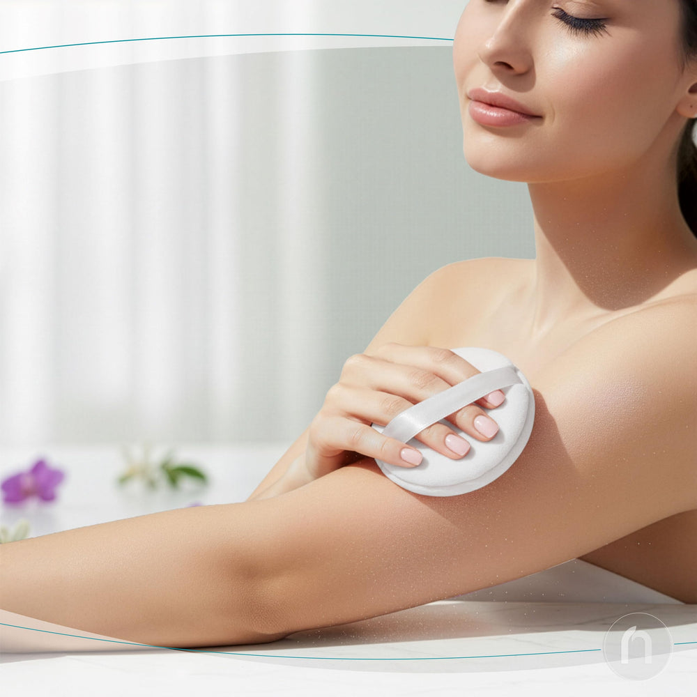 R-NEU powder puff included for mess-free body application