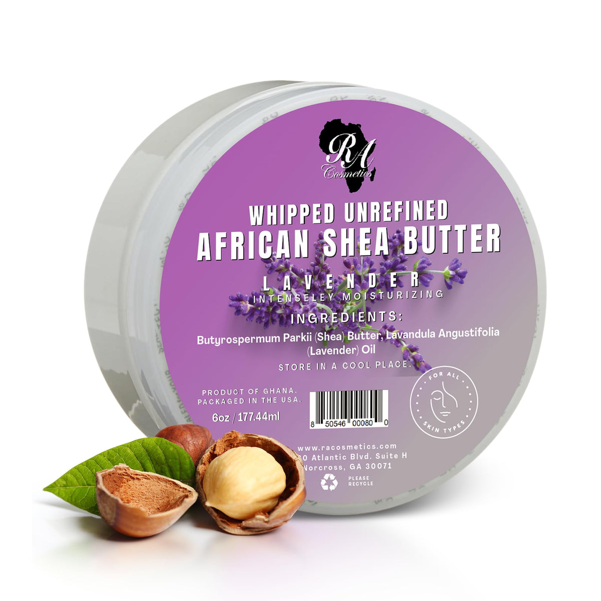 RA COSMETICS manteca de karité batida con lavanda, bote de 6oz para piel suave