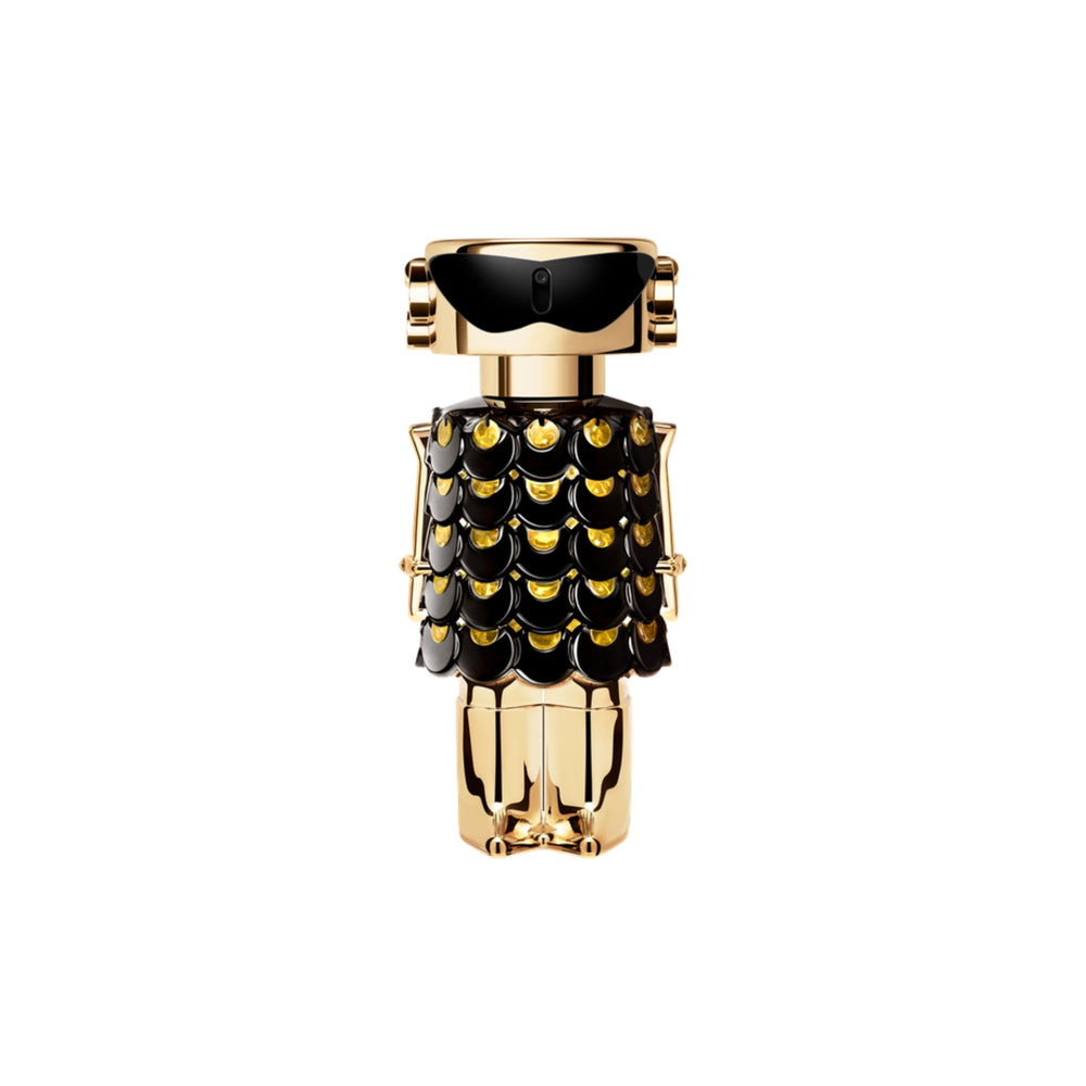 Rabanne Fame Parfum rellenable: frasco elegante para uso diario y fragancia duradera.