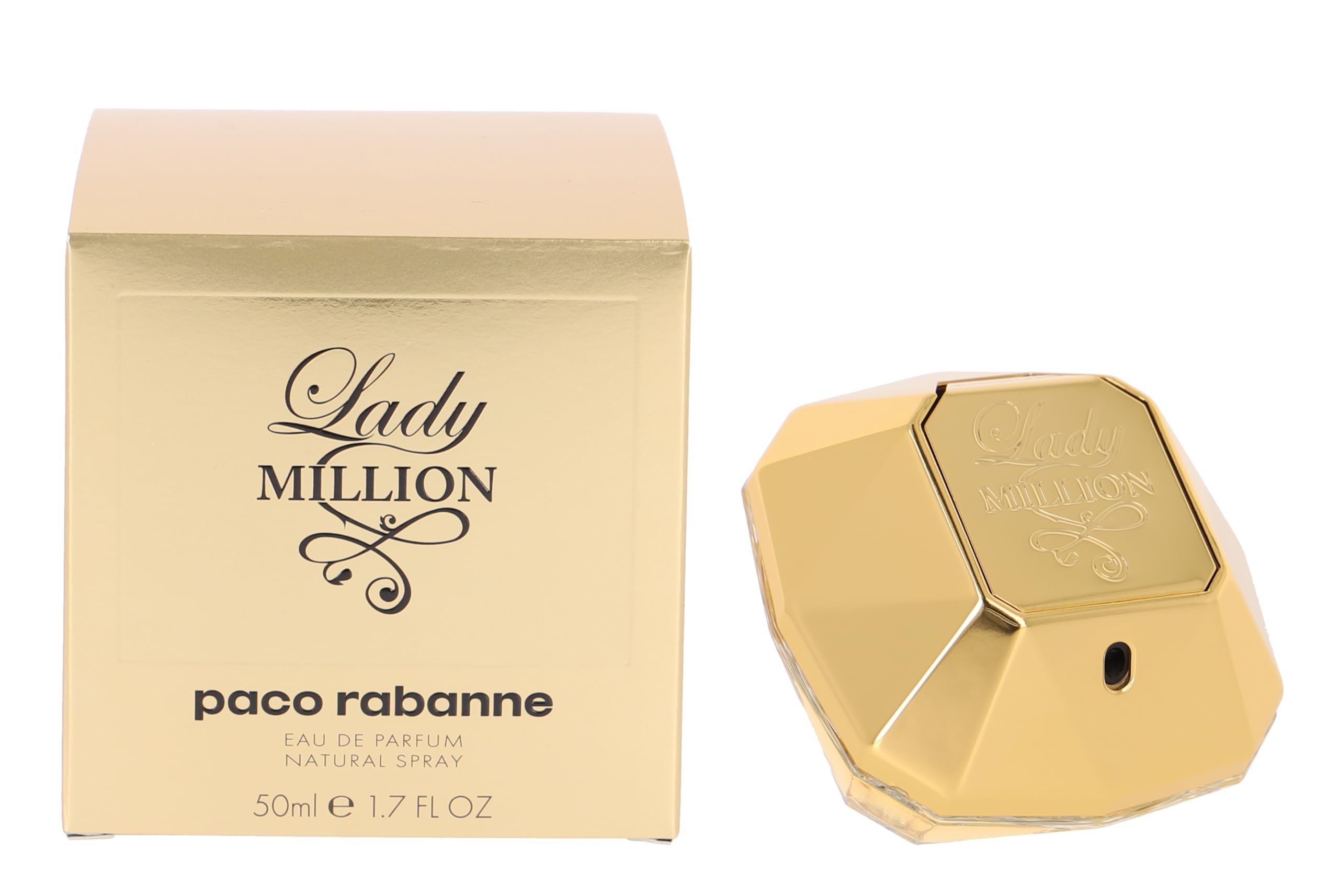 Rabanne Lady Million, frasco brillante, ideal para ocasiones especiales.