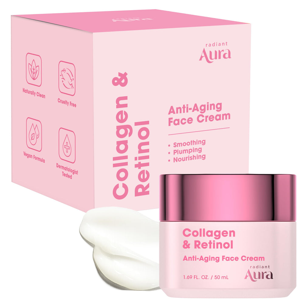 Radiant Aura crema facial textura suave para hidratación duradera.