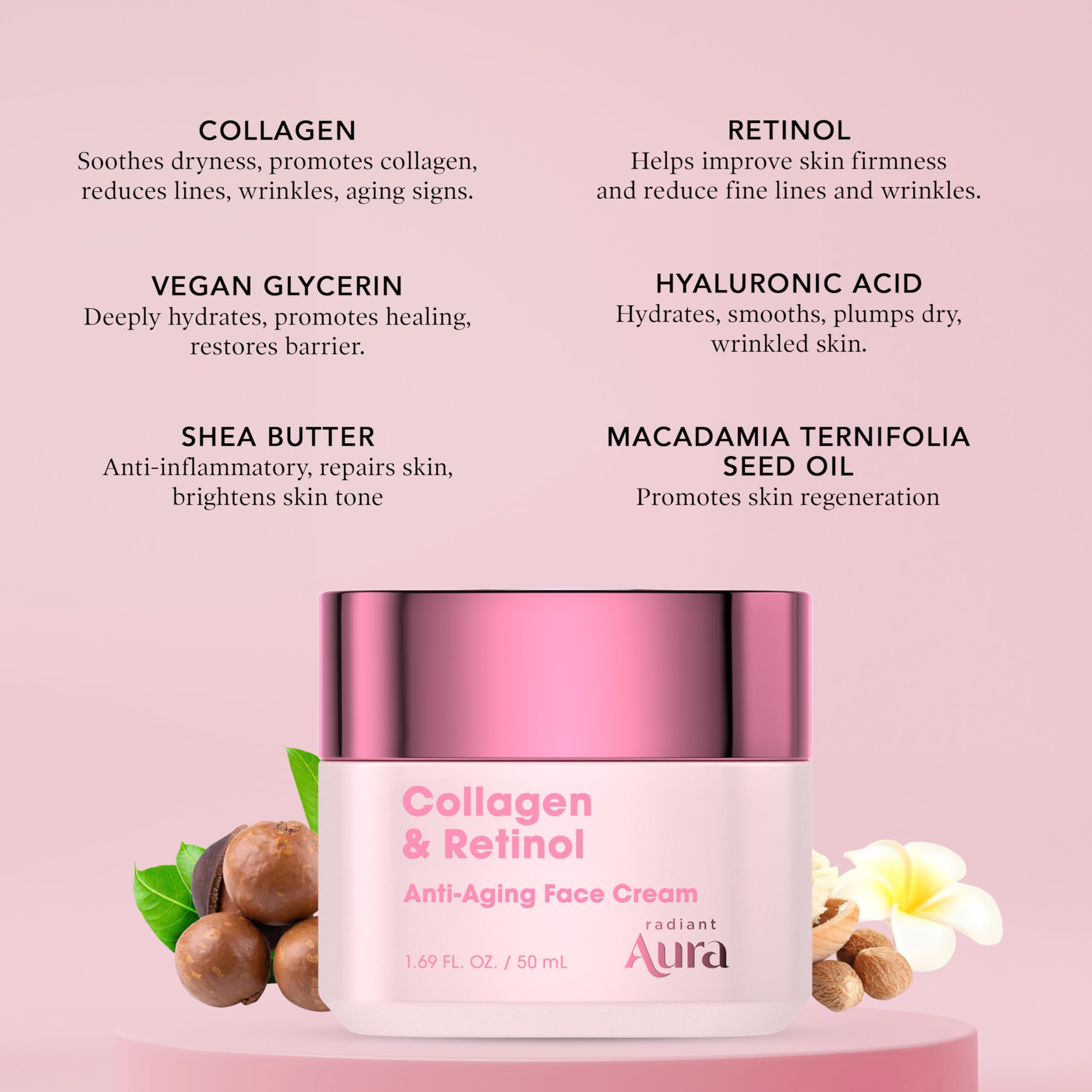 Radiant Aura hialurónico vegano brinda hidratación intensa.