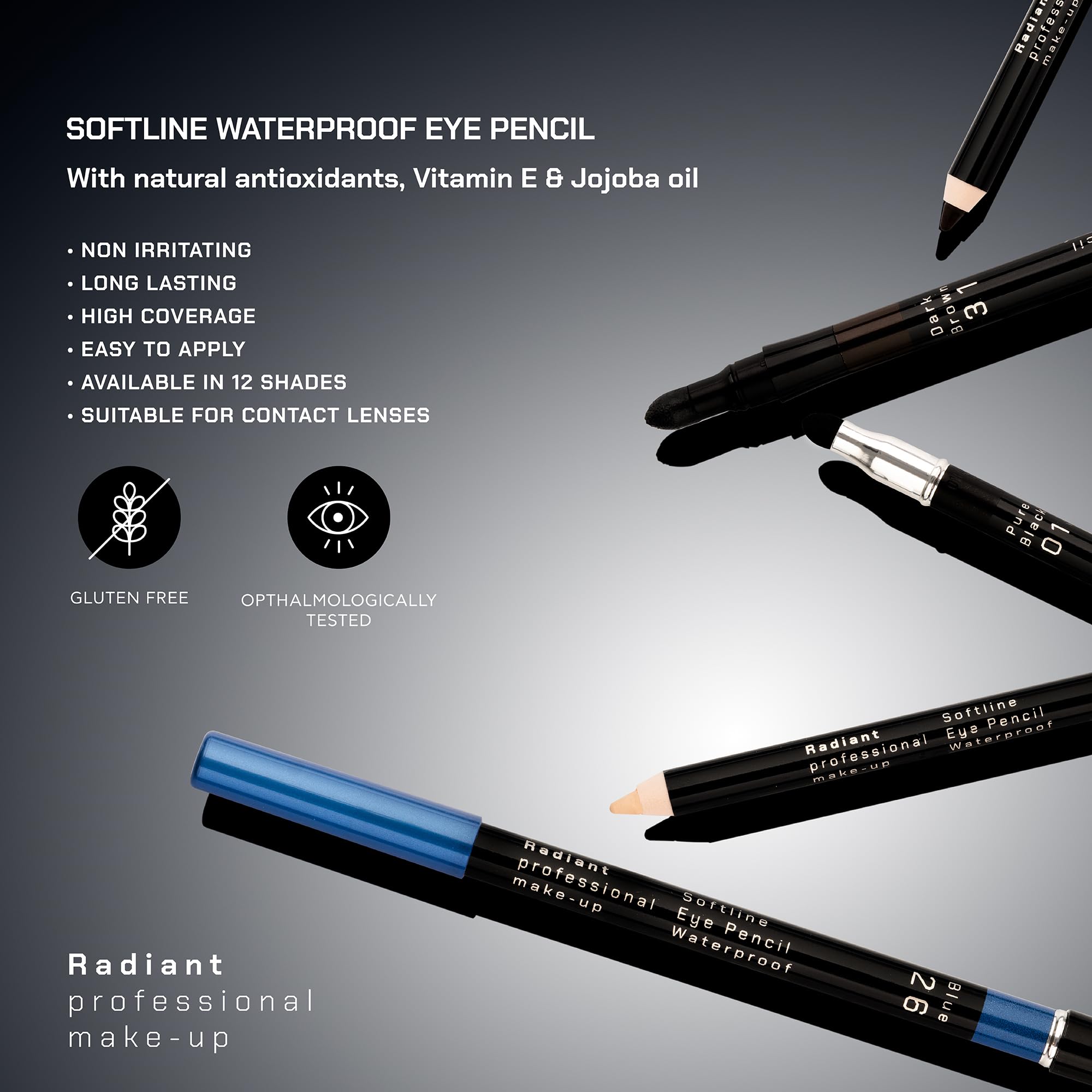Radiant Professional Make Up delineador apto para uso diario y lentes de contacto.