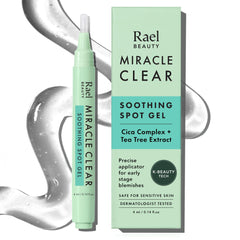 Rael Miracle Clear Spot Gel packaging shown, portable on-the-go blemish care.