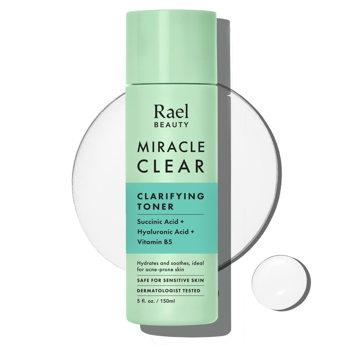 Rael Miracle Clear toner bottle close-up shows sleek packaging and oil-control potential.
