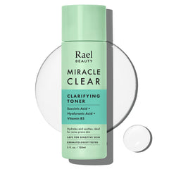Rael Miracle Clear toner bottle close-up shows sleek packaging and oil-control potential.