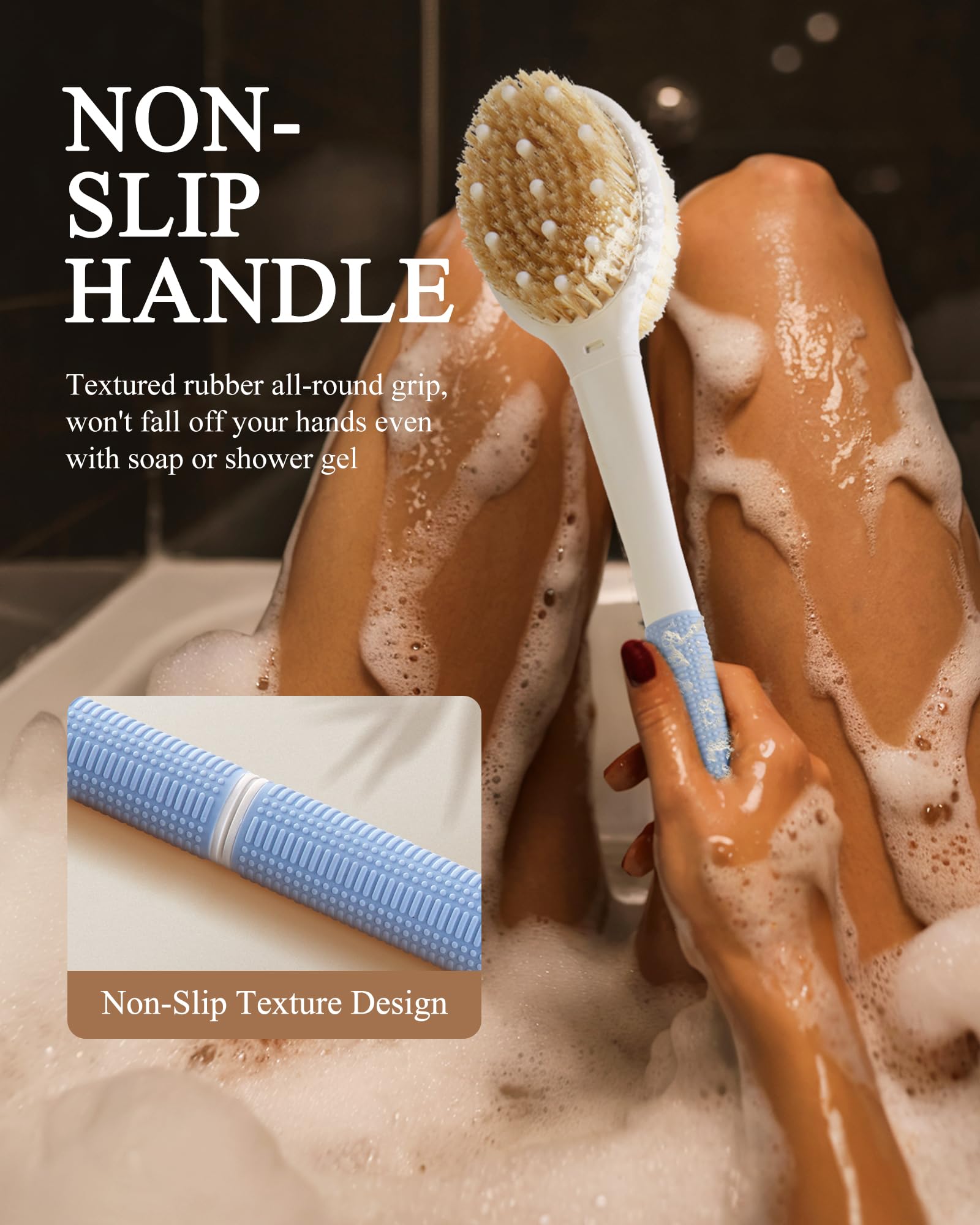 Rafow cepillo ducha mango anti-deslizante para un agarre seguro.