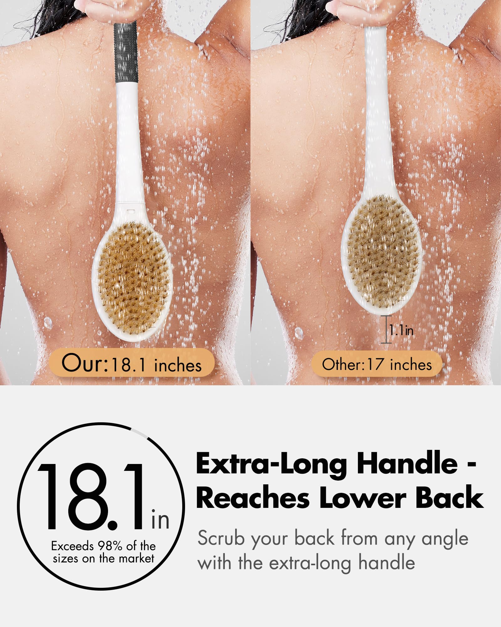 Cepillo Rafow de doble cara con cerdas duras y suaves para exfoliar.