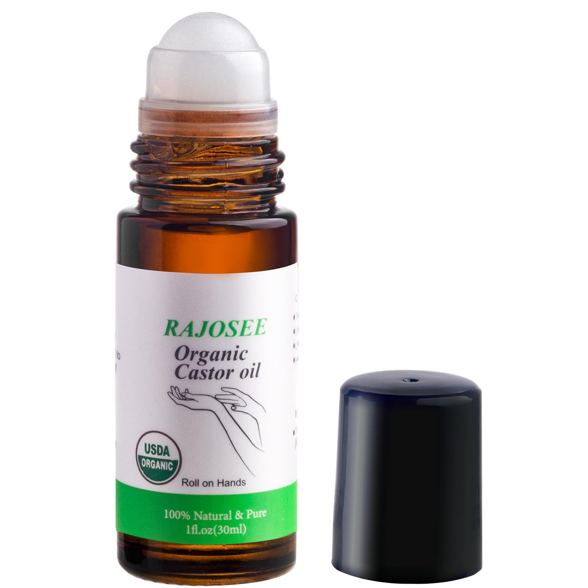 RAJOSEE Aceite de ricino roll-on en frasco de vidrio para aplicación precisa.