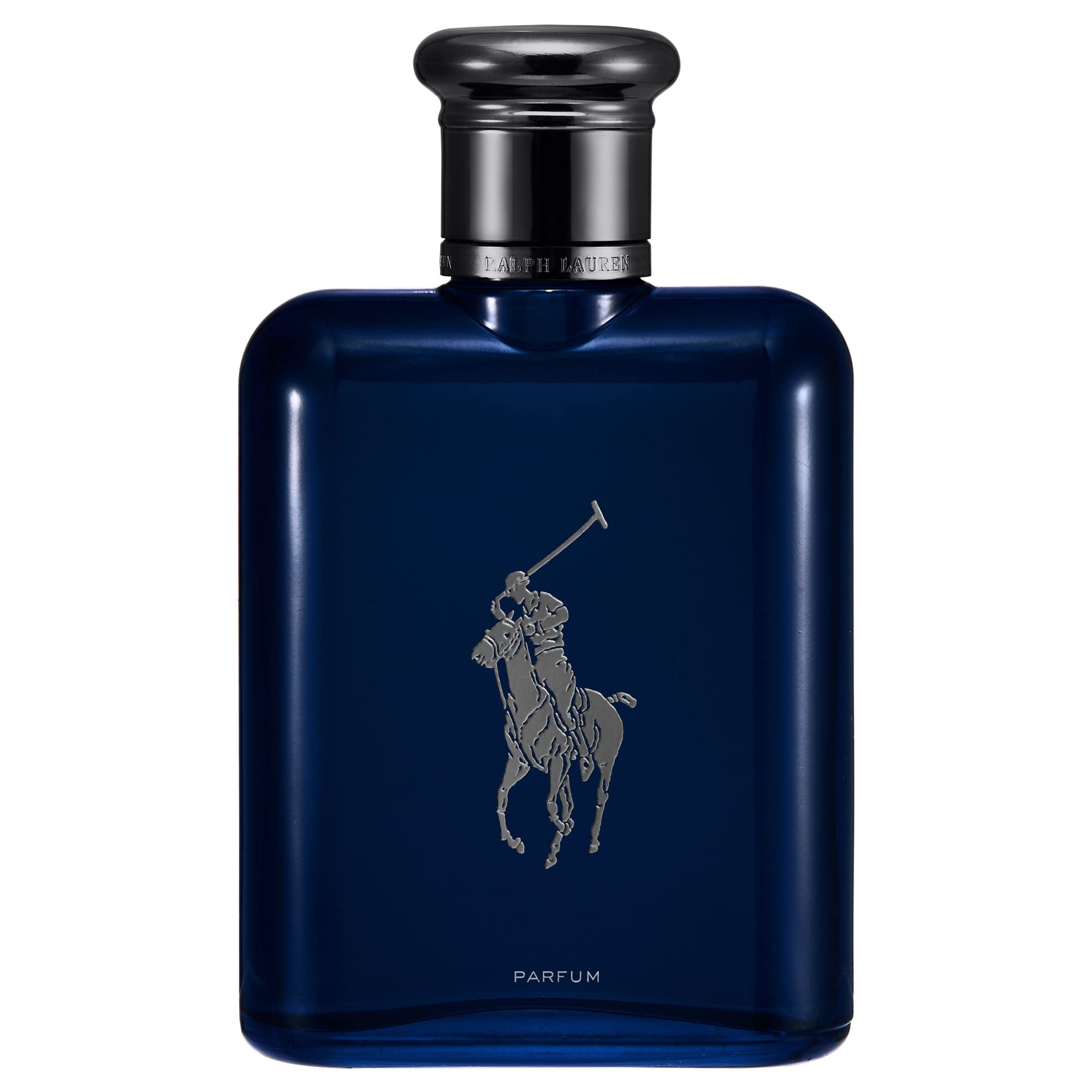 Polo Blue Parfum de Ralph Lauren Fragrances: botella azul marino y silueta elegante.