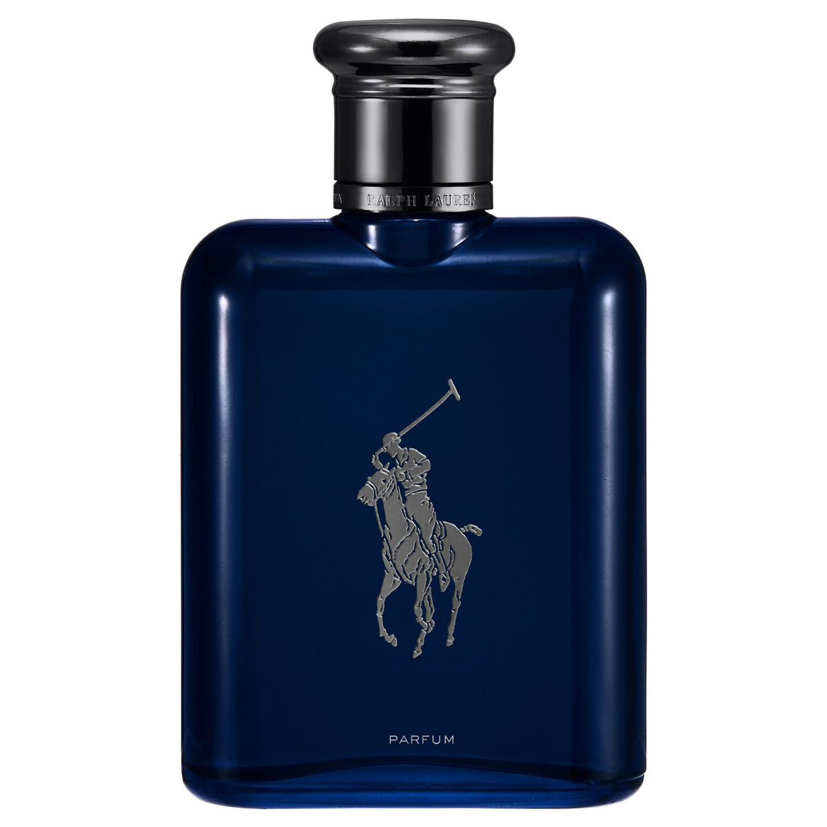 Polo Blue Parfum de Ralph Lauren Fragrances: botella azul marino y silueta elegante.