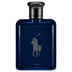 Polo Blue Parfum de Ralph Lauren Fragrances: botella azul marino y silueta elegante.