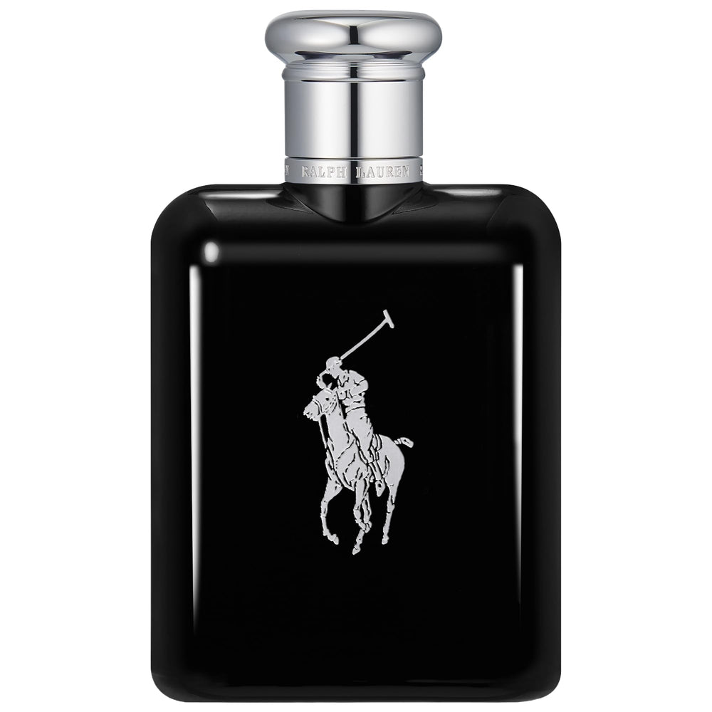 Polo Black de Ralph Lauren, frasco cerca, aroma sofisticado para uso diario.