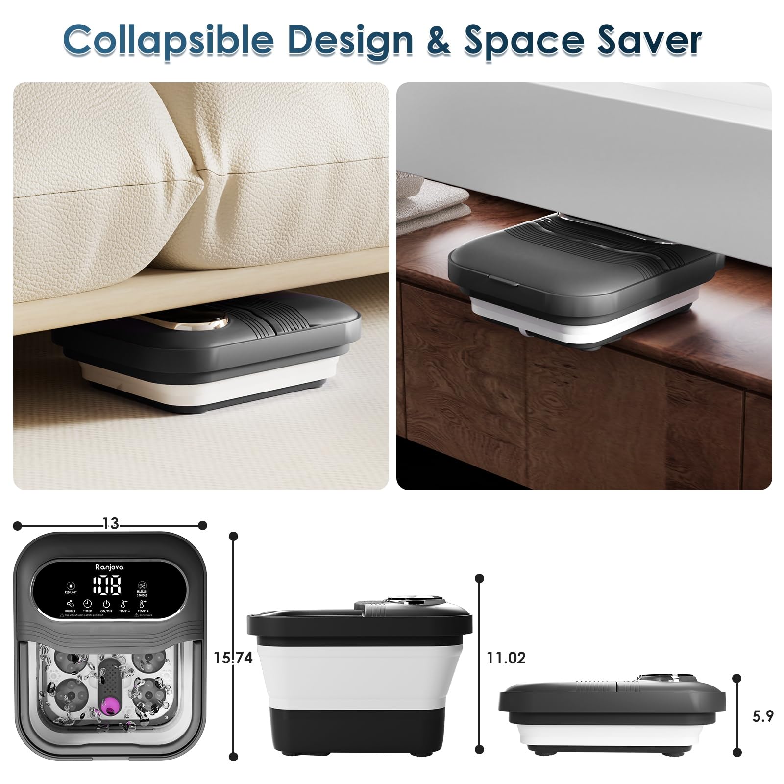 Ranjova spa para pies con base desmontable para limpieza y almacenamiento fácil.