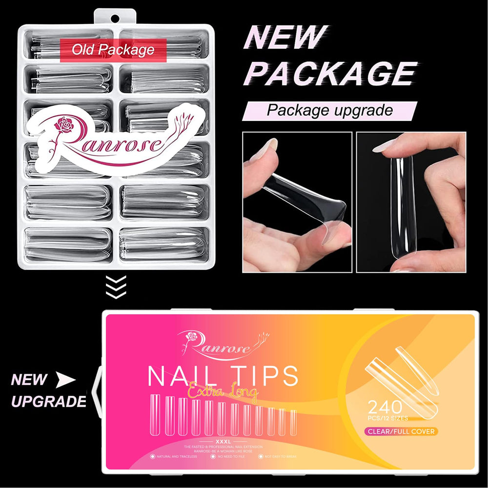 Ranrose uñas XXXL en caja organizadora con 240 piezas para elegir talla ideal.